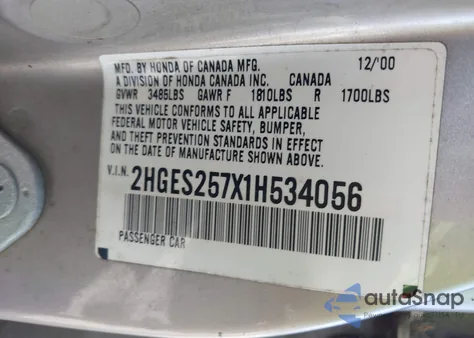 2001 Honda Civic Ex from USA, damaged, VIN 2HGES257X1H534056